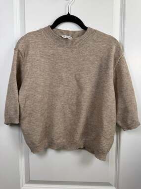 Miou Muse Beige Short Sleeve Crew Neck Knit Sweater